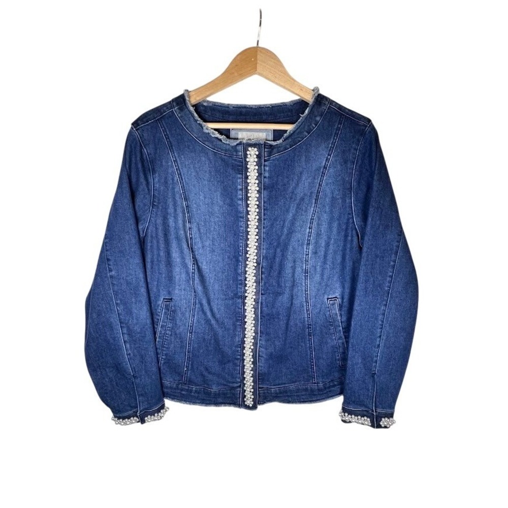 Pearl Embellished Denim Jacket‎ Womens 20W Plus Size Blue Stretch Frayed Edge